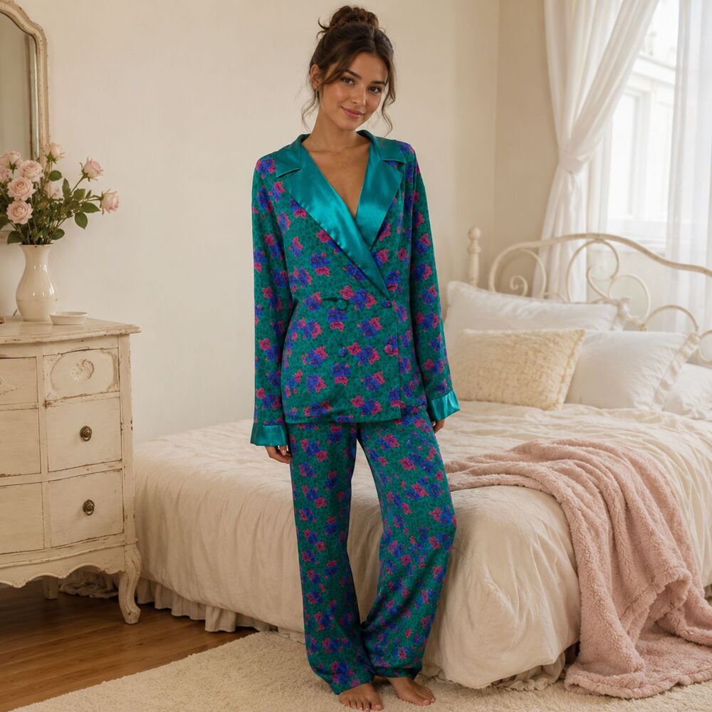 Vintage Victoria’s Secret Silky Retro Floral 2 Piece PJs Lounge Gold Label